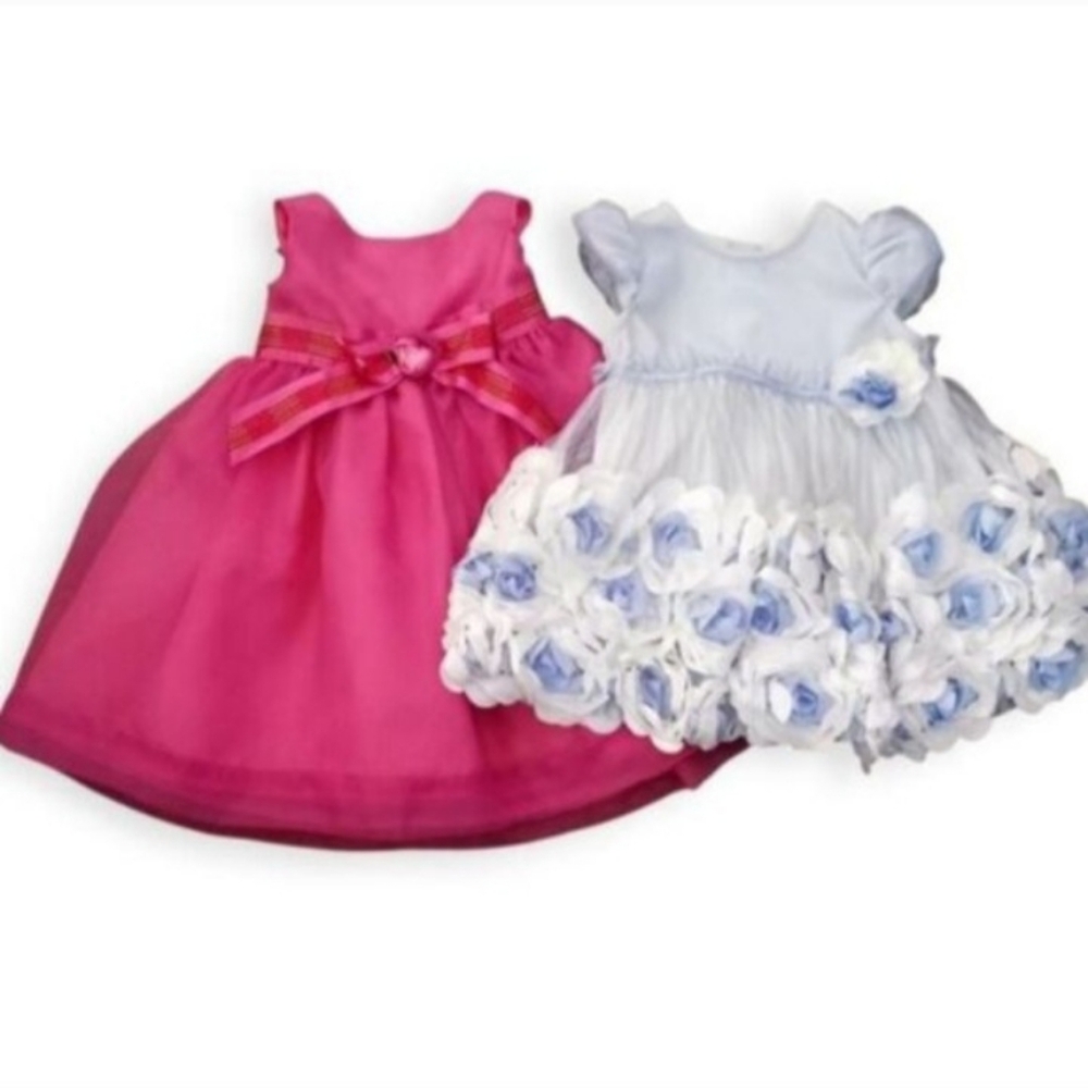 Wonder Kids Pink & Nannette Blue Floral Baby Dress Bundle Sz.6-9 Mo. EUC.